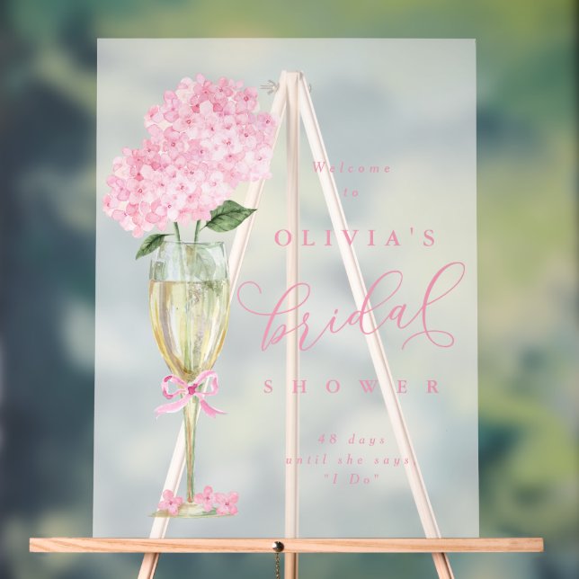 Pink Hydrangea & Champagne Shower Welcome Frosted Acrylic Sign (Neutral)