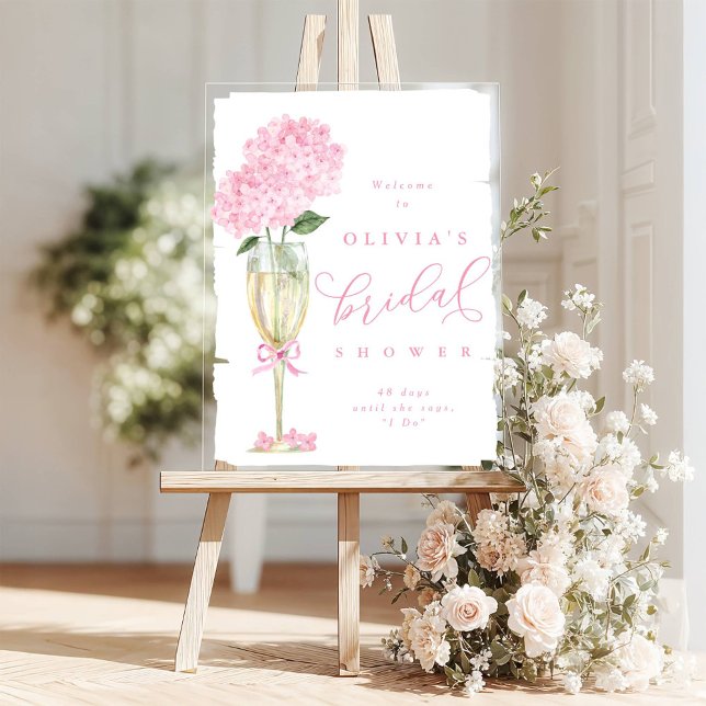 Pink Hydrangea & Champagne Shower Welcome Painted Acrylic Sign (Creator Uploaded)