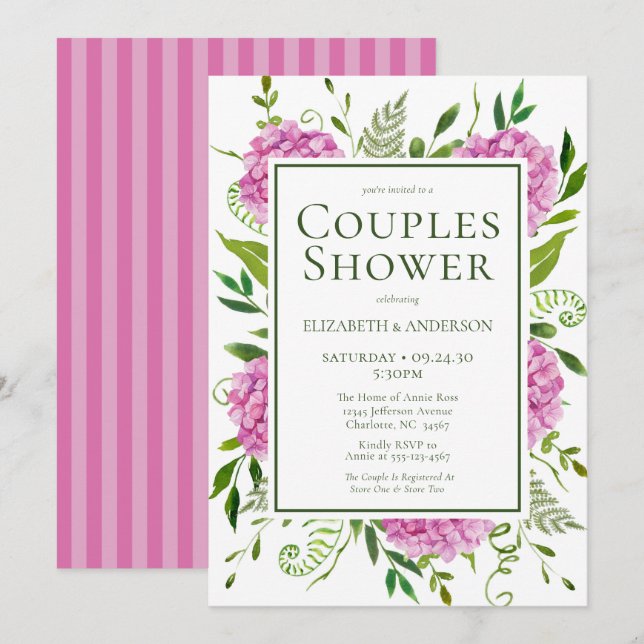 Pink Hydrangea Couples Shower Invitation (Front/Back)