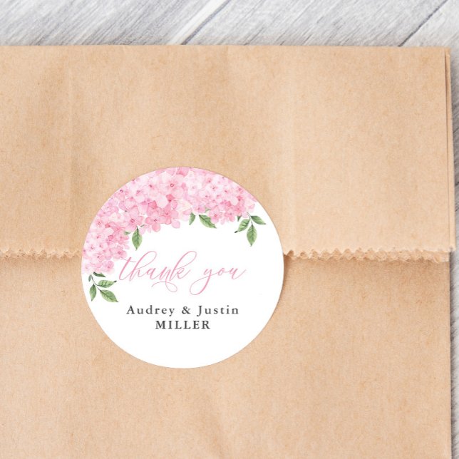 Pink Hydrangea Customised Wedding Favour Classic Round Sticker (Creator Uploaded)
