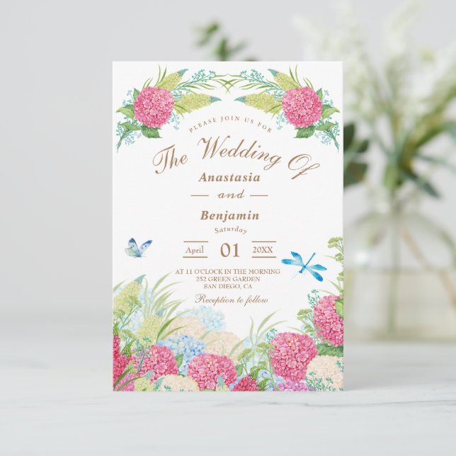 Pink Hydrangea Elegant  Floral  Wedding Invitation (Standing Front)