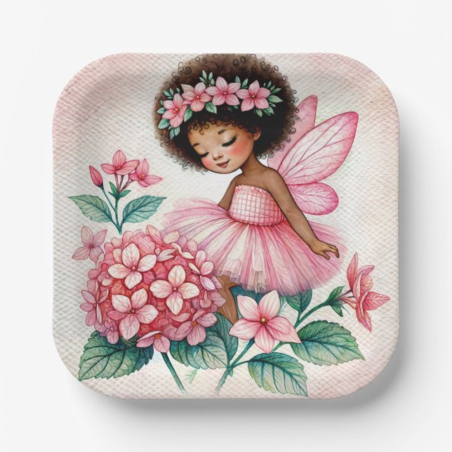 Pink Hydrangea Fairy Black Girl Watercolor Paper Plate (Front)