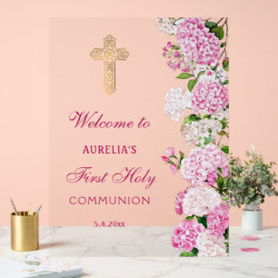 Pink Hydrangea First Communion Welcome Acrylic Sign