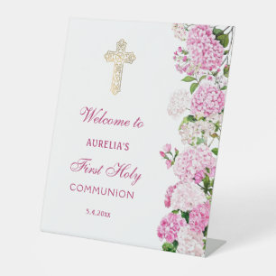 Pink Hydrangea First Communion Welcome Pedestal Sign