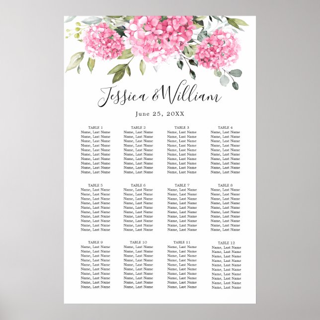 Pink Hydrangea Floral 12 Tables SEATING CHART (Front)