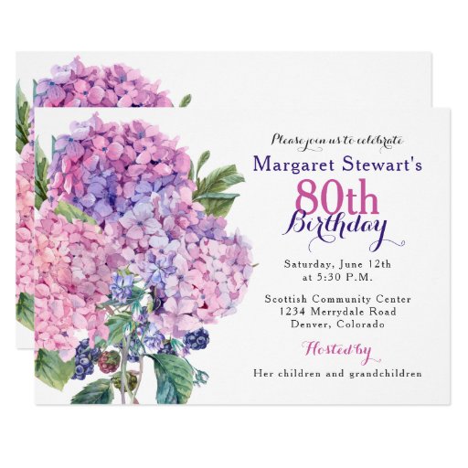 Image of Pink Hydrangea Floral 80th Birthday Invite