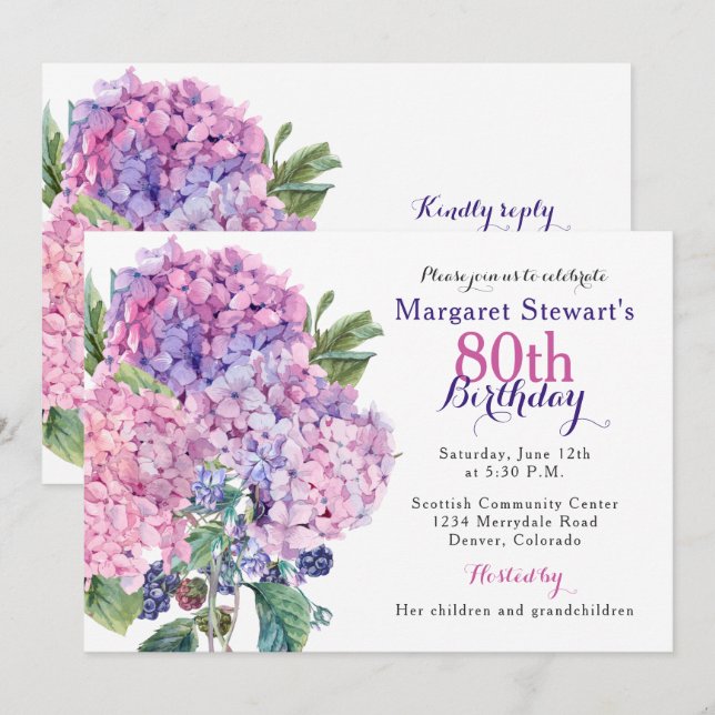 Pink Hydrangea Floral 80th Birthday Invite (Front/Back)