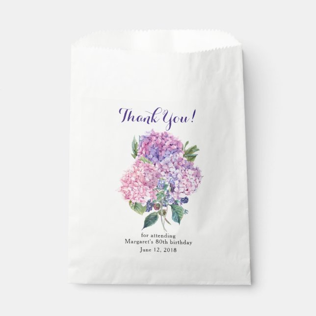Pink Hydrangea Floral 80th Birthday Thank You Favour Bags (Front)