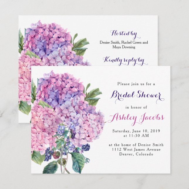 Pink Hydrangea Floral Bridal Shower Invitation (Front/Back)