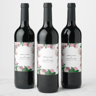 Pink Hydrangea Floral Greenery Modern Wedding Wine Label