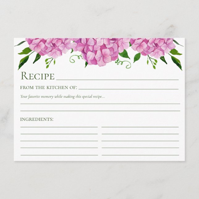 Pink Hydrangea Floral Recipe Enclosure Card (Front)