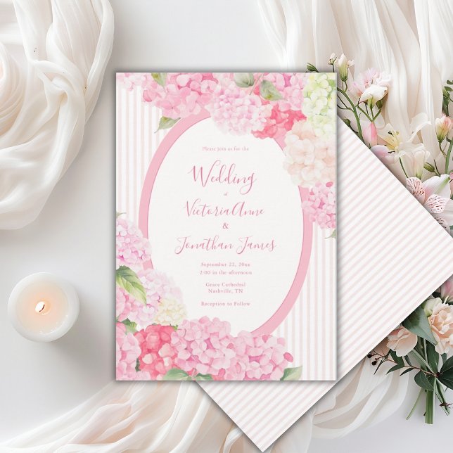 Pink Hydrangea Floral Stripe Wedding Invitation (Creator Uploaded)