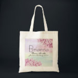 Pink Hydrangea Floral Team Bride Wedding Tote Bag<br><div class="desc">Welcome your bridesmaids with a beautiful personalised pink hydrangea tote bag. Their name is written in a large font. Team Bride, the bride's name and wedding date are below that. The pink hydrangeas are in the upper right and lower left corners. A soft watercolor pattern that features a whisper of...</div>