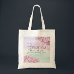 Pink Hydrangea Floral Team Bride Wedding Tote Bag<br><div class="desc">Welcome your bridesmaids with a beautiful personalised pink hydrangea tote bag. Their name is written in a large font. Team Bride, the bride's name and wedding date are below that. The pink hydrangeas are in the upper right and lower left corners. A soft watercolor pattern that features a whisper of...</div>