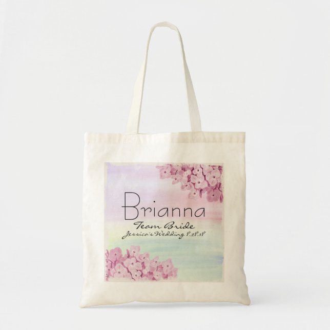 Pink Hydrangea Floral Team Bride Wedding Tote Bag (Front)