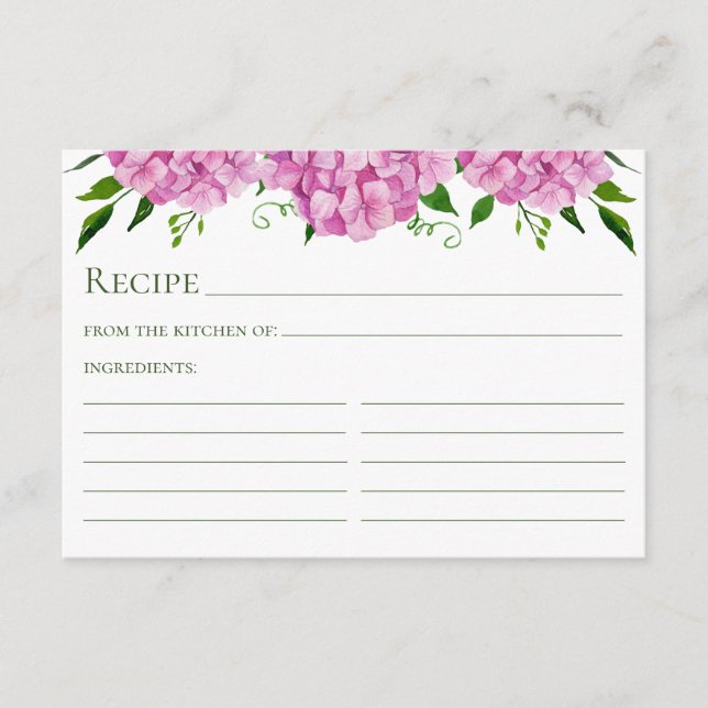 Pink Hydrangea Floral Watercolor Recipe Card (Front)