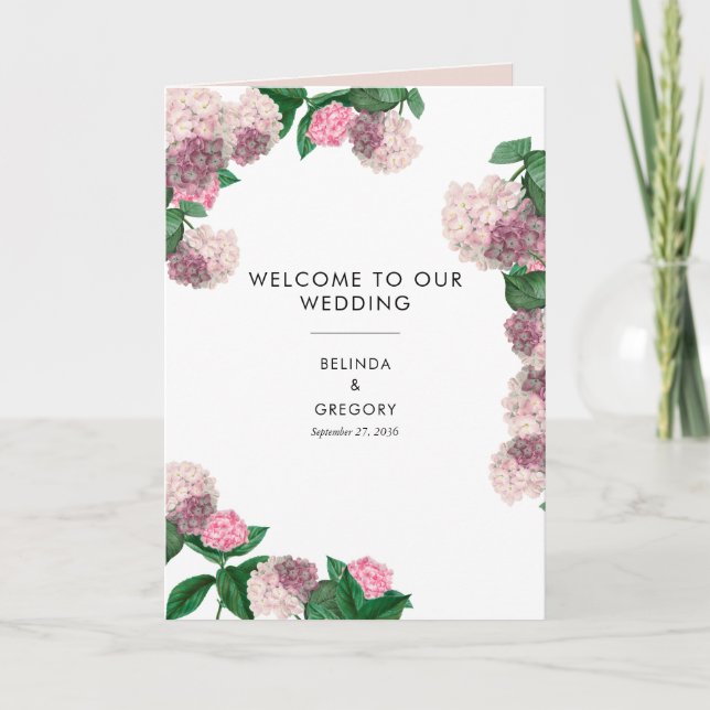 Pink Hydrangea Floral Wedding Order of Service Programme (Front)