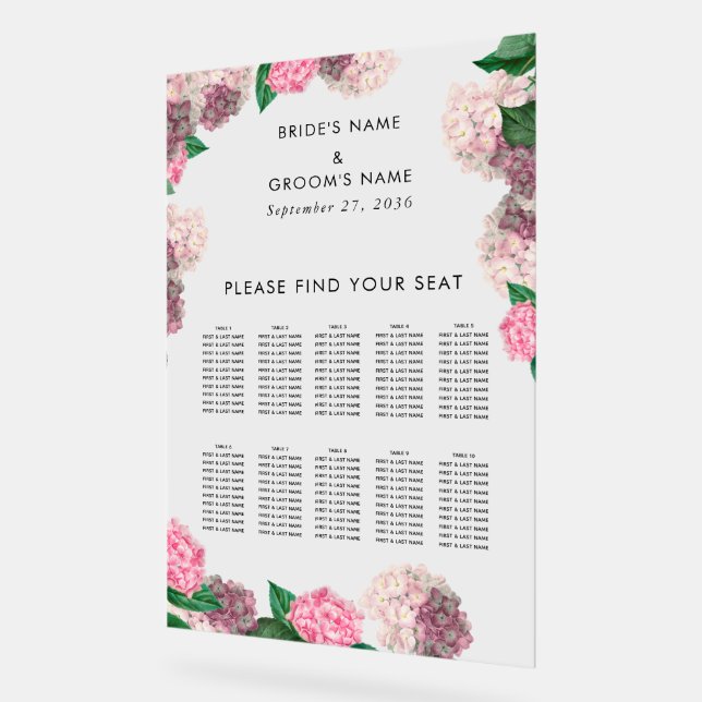 Pink Hydrangea Floral Wedding Seating Chart (Angle)