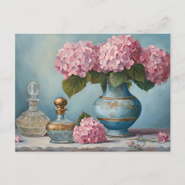 Pink Hydrangea Flowers and Vintage Perfume Bottles Postcard (Front)