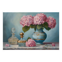 Pink Hydrangea Flowers and Vintage Perfume Bottles