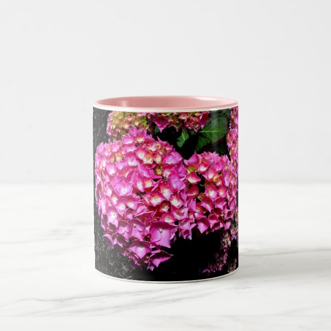 Pink hydrangea flowers Two-Tone coffee mug (Center)