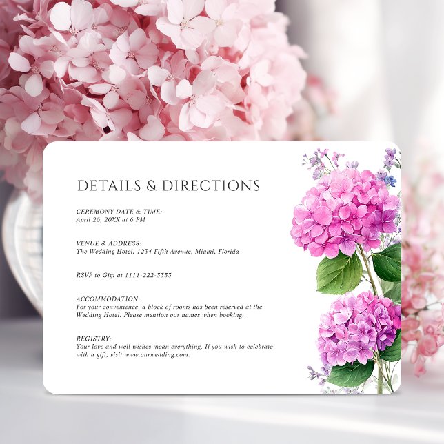 Pink Hydrangea Flowers Watercolor Elegant Wedding Enclosure Card (Pink Hydrangea Flowers Watercolor Elegant Wedding Enclosure Card)