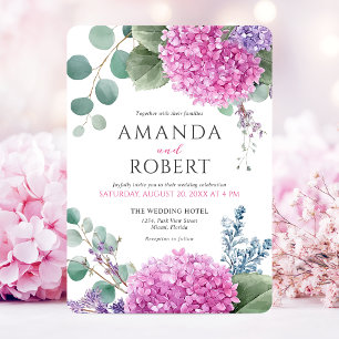 Pink Hydrangea Flowers Watercolor Elegant Wedding Invitation