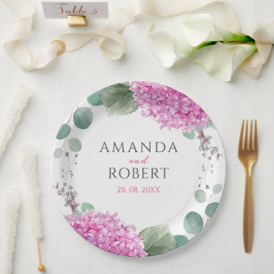 Pink Hydrangea Flowers Watercolor Elegant Wedding Paper Plate
