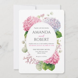 Pink Hydrangea Flowers Watercolor Oval Wedding Invitation