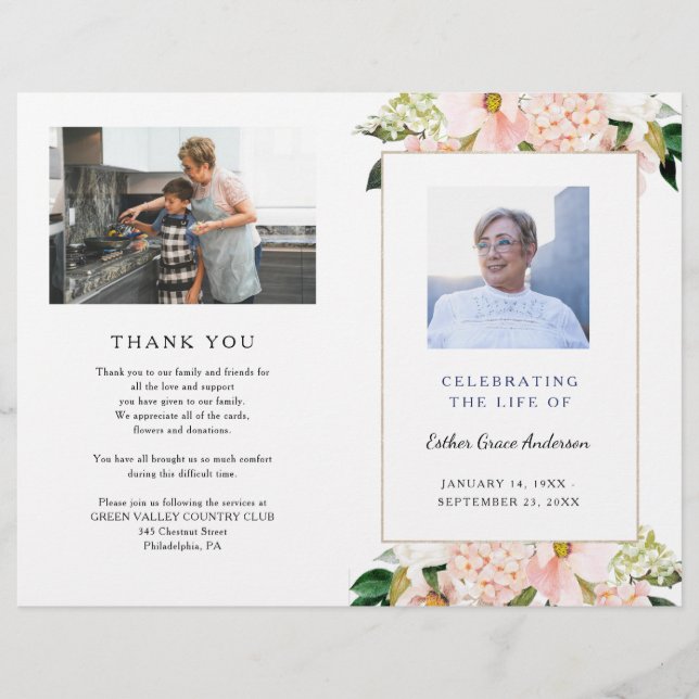 Pink Hydrangea Folded Funeral Program Template Flyer (Front)