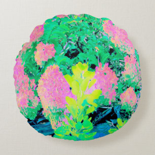 Pink Hydrangea Garden with Yellow Foliage Round Cushion