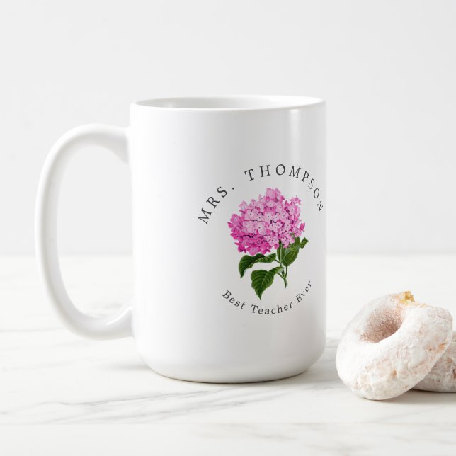 Pink Hydrangea Grand-millennial Best Teacher Coffee Mug (With Donut)