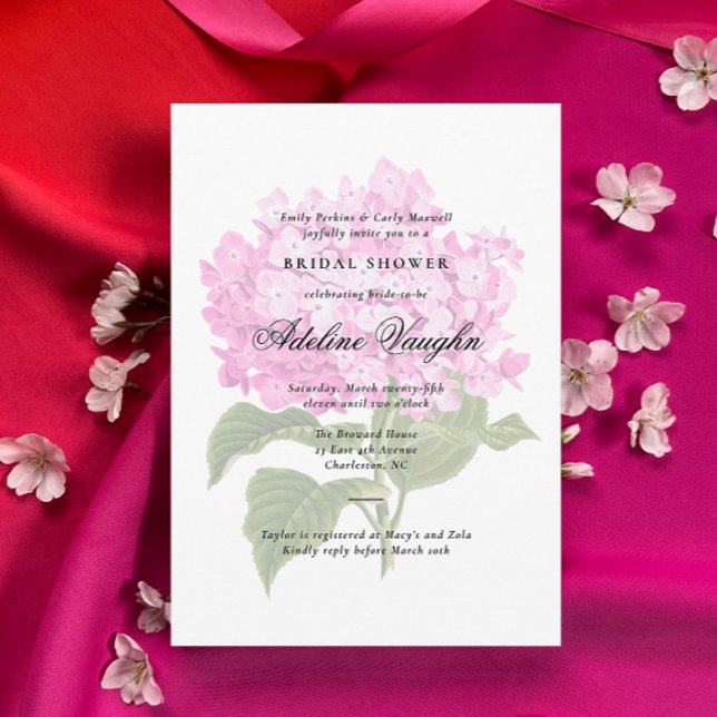 Pink Hydrangea Grandmillennial Bridal Shower Invitation (Antique Pink Hydrangea graphic white bridal shower invitation with traditional and elegant text)