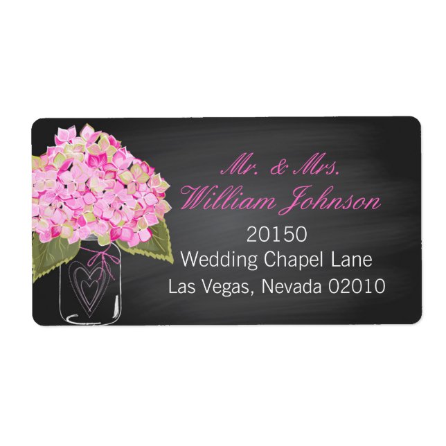 Pink Hydrangea Jar Chalkboard Wedding Label (Front)