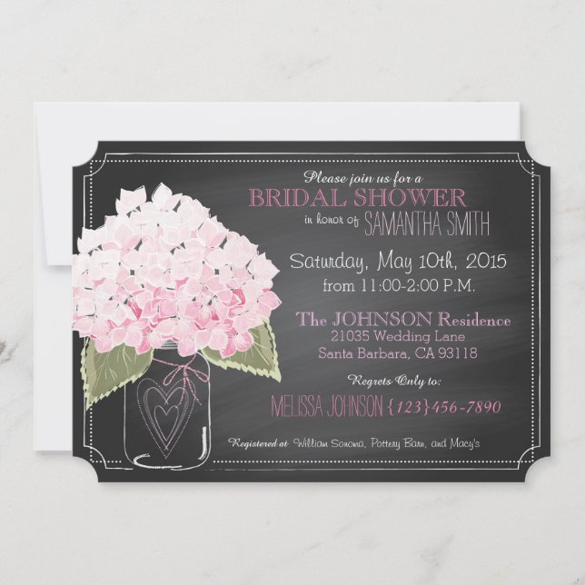 Pink Hydrangea Mason Jar Chalkboard Bridal Shower Invitation (Front)