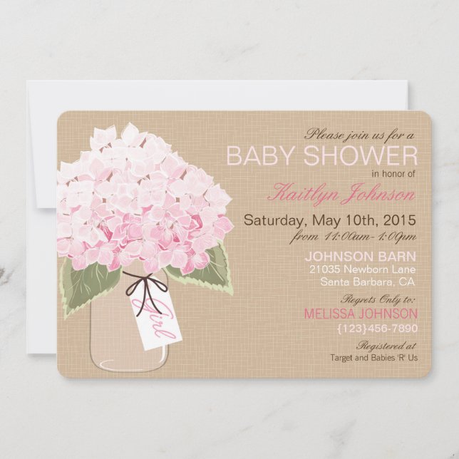 Pink Hydrangea Mason Jar Rustic Baby Shower Invitation (Front)