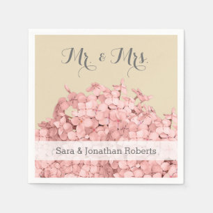 Pink Hydrangea on Khaki Personalised Wedding Napkin