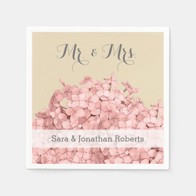 Pink Hydrangea on Khaki Personalised Wedding Napkin (Front)