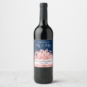 Pink Hydrangea on Navy Blue Personalised Wedding Wine Label