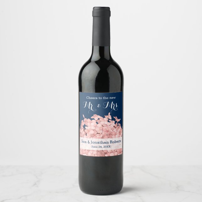 Pink Hydrangea on Navy Blue Personalised Wedding Wine Label (Front)