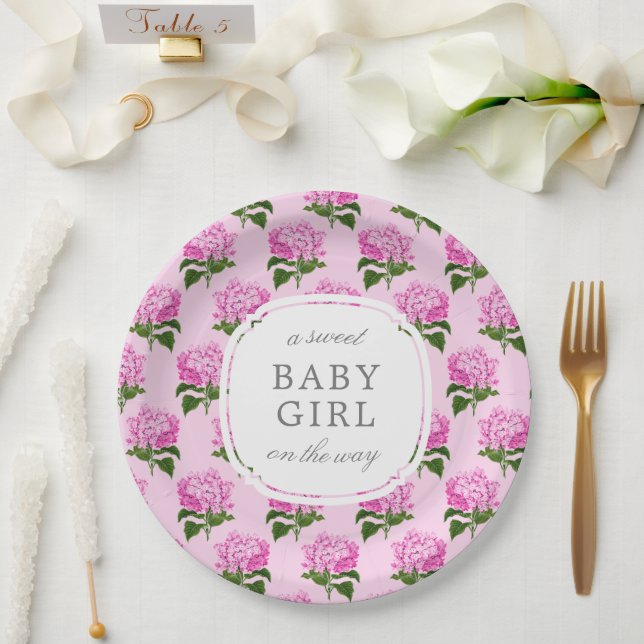 Pink Hydrangea Pattern Sweet Baby Girl Paper Plate (Wedding)