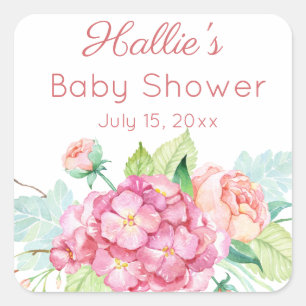 Pink hydrangea & peony Baby Shower Thank You Square Sticker