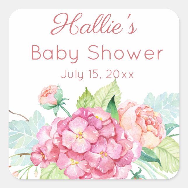 Pink hydrangea & peony Baby Shower Thank You Square Sticker (Front)