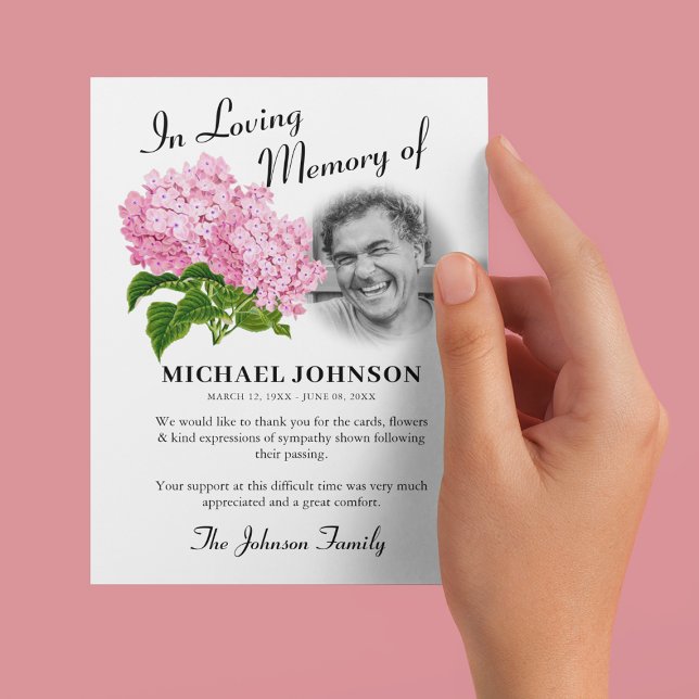 Pink Hydrangea Photo Funeral Thank You Card (Creator Uploaded)