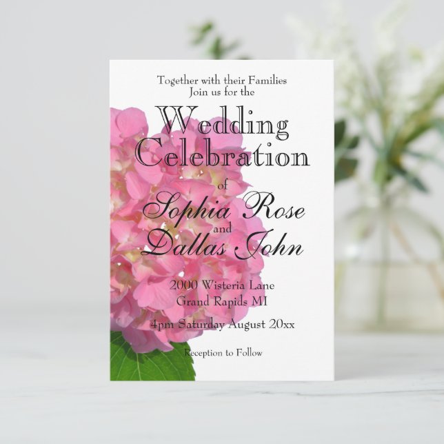Pink hydrangea pink floral pink flower invitation (Standing Front)