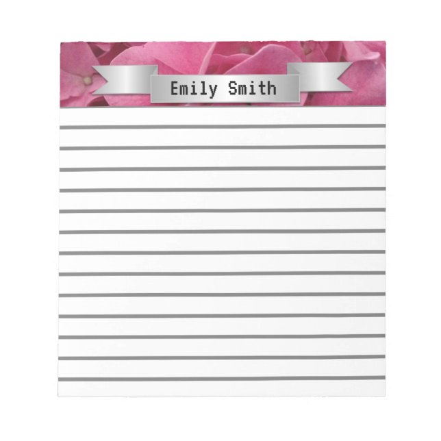 Pink Hydrangea Pretty Personalised Lined Notepad (Front)