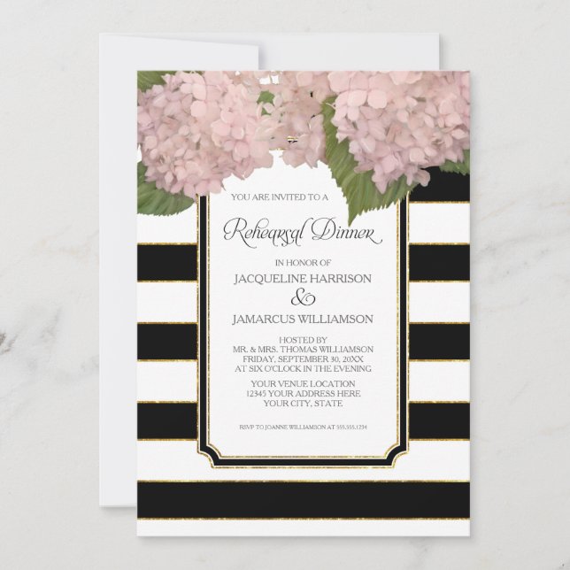 Pink Hydrangea Rehearsal Dinner Bold Stripe Modern Invitation (Front)