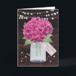 Pink Hydrangea Rustic Floral Sister Birthday Card<br><div class="desc">Sweet rustic pink floral birthday card featuring pink hydrangeas and baby's breath inside a mason jar against a rustic wood background. String lights and twinkle stars add a magical charm to this cute floral design. A floral tag with 'Happy Birthday' custom text on the front and a big floral heart...</div>
