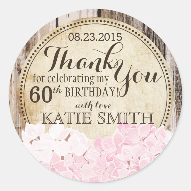 Pink Hydrangea Rustic Wood Thank You Label (Front)