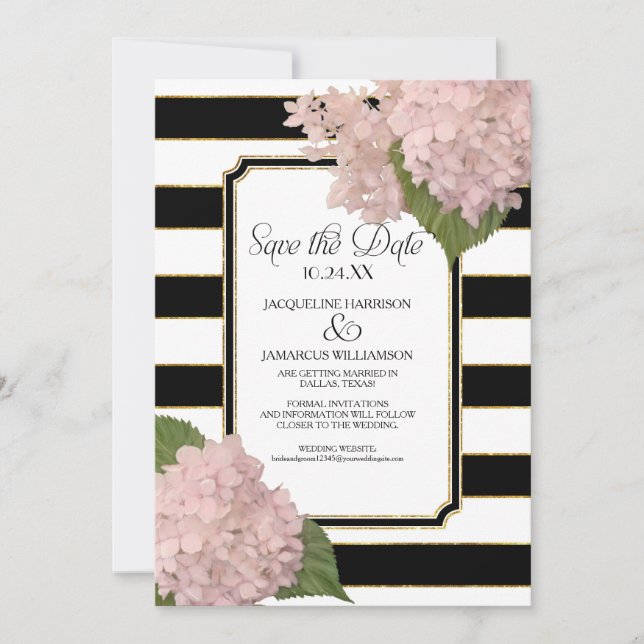 Pink Hydrangea Save the Date Wide Stripe Faux Gold Invitation (Front)